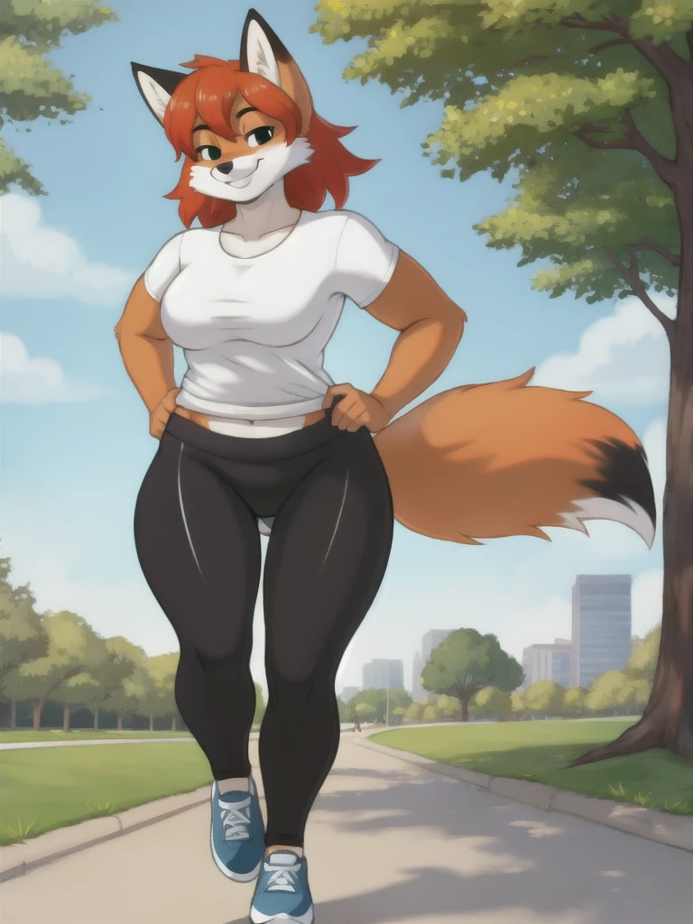 Furry, fox, smile, black leggings, white shirt, jogging, solo, park
