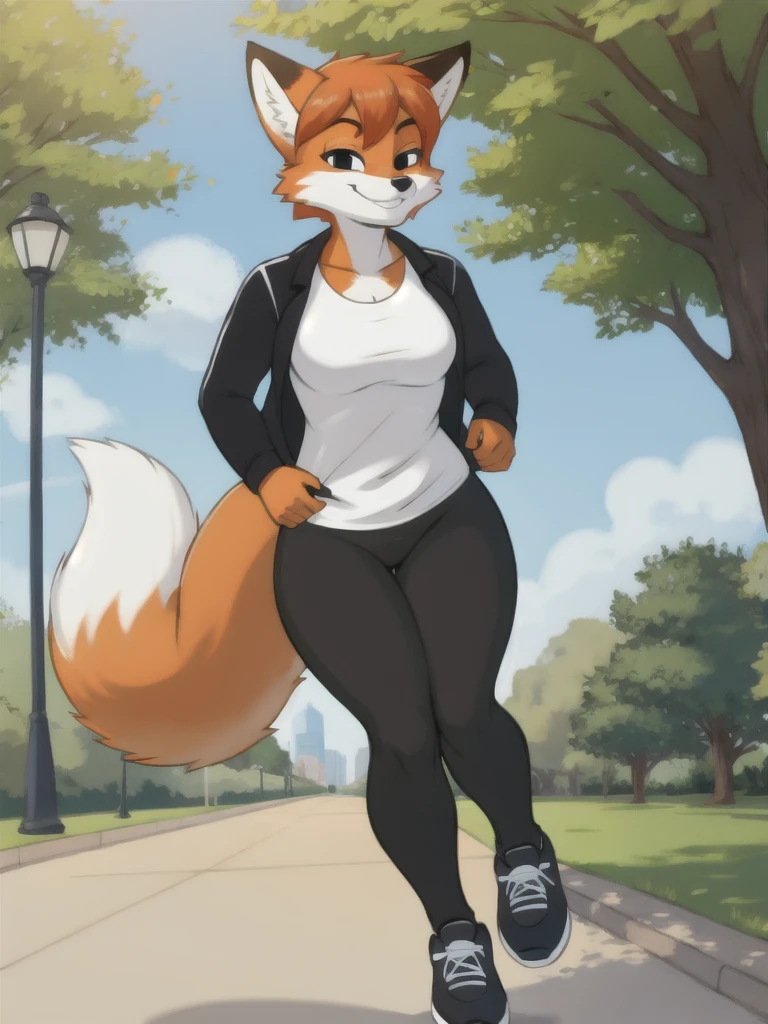Furry, fox, smile, black leggings, white shirt, jogging, solo, park