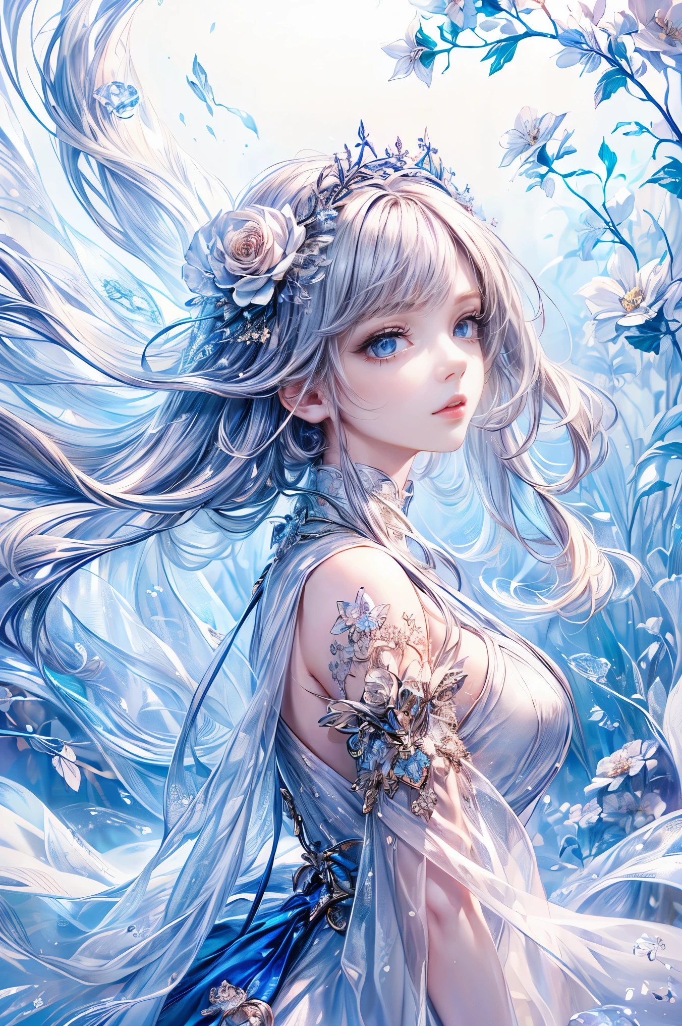 (highest quality, 8k, CG, Beautiful and detailed whole body, , girl, Facing forward、Transparent coat dress, Floral Background, Complex facial features, length, Floating Hair, Almond Eye, Exquisite eye makeup, length eyelashes fluttering, Blinking big eyes, Starry Sky, Delicate lip detail, Soft and harmonious style)、cute、sexy
