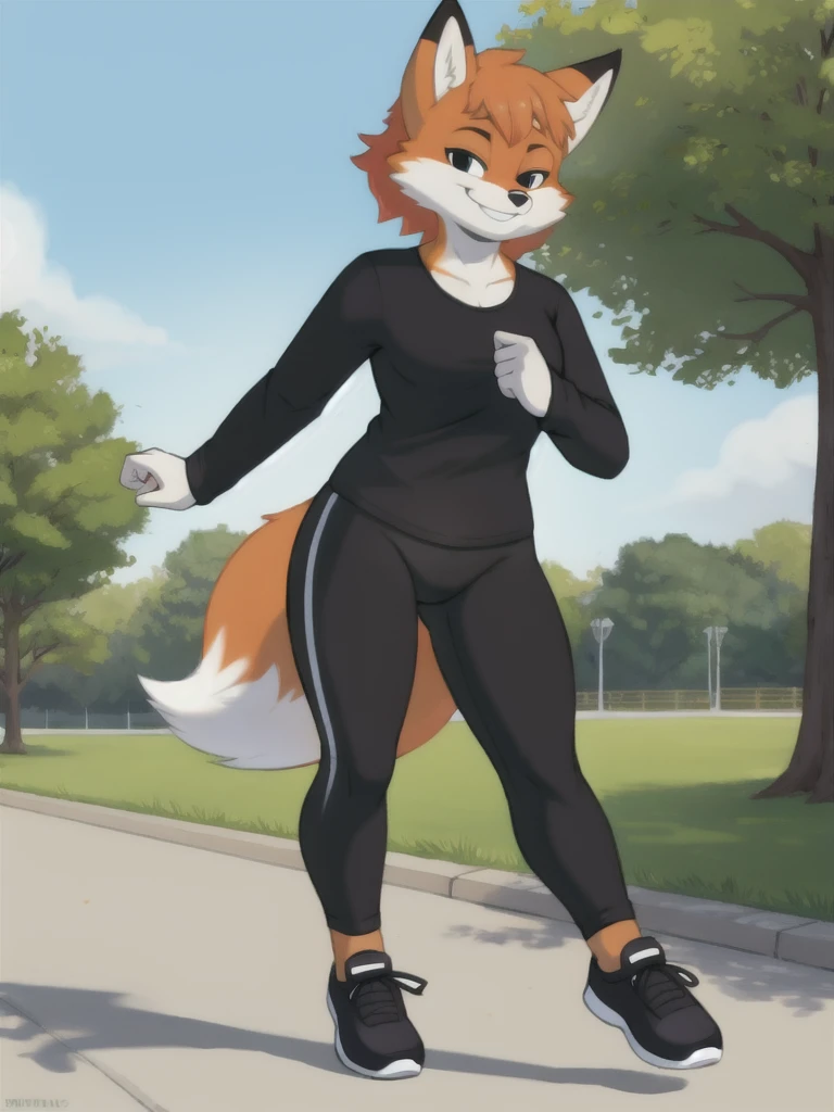 Furry, fox, smile, black leggings, white shirt, jogging, solo, park