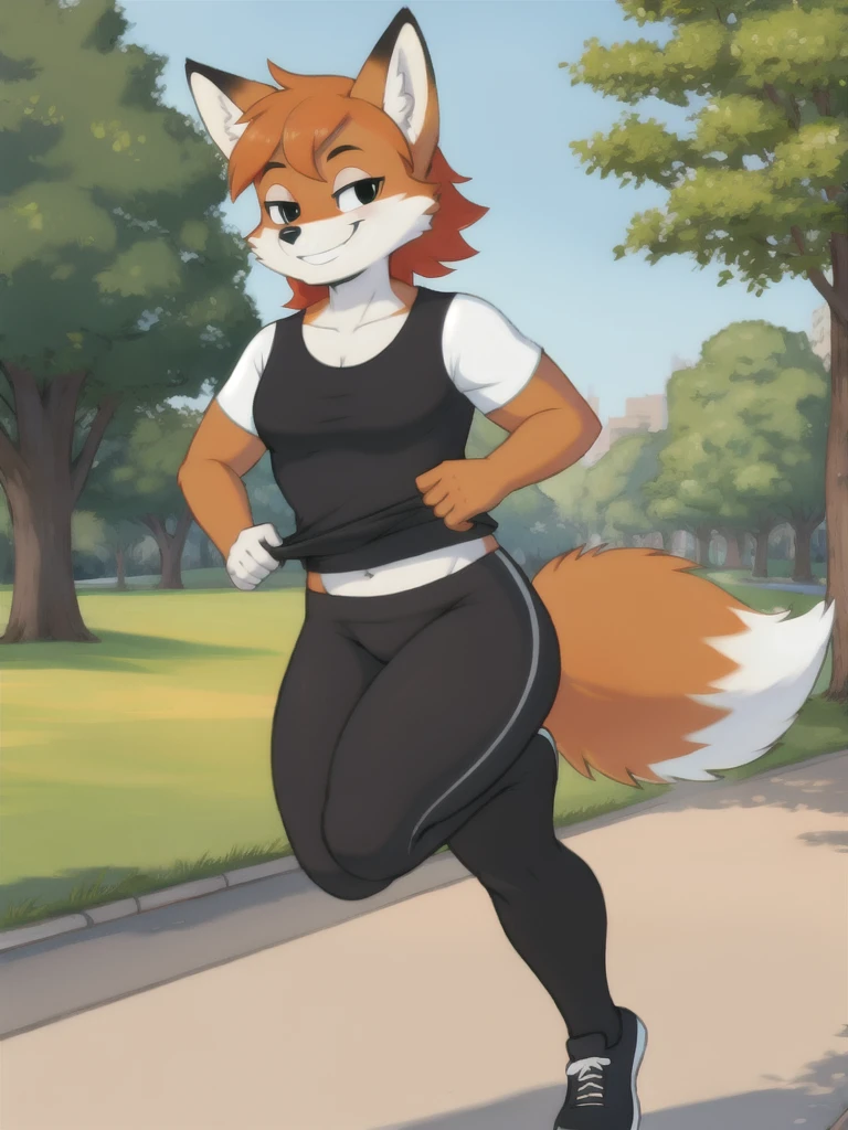 Furry, fox, smile, black leggings, white shirt, jogging, solo, park