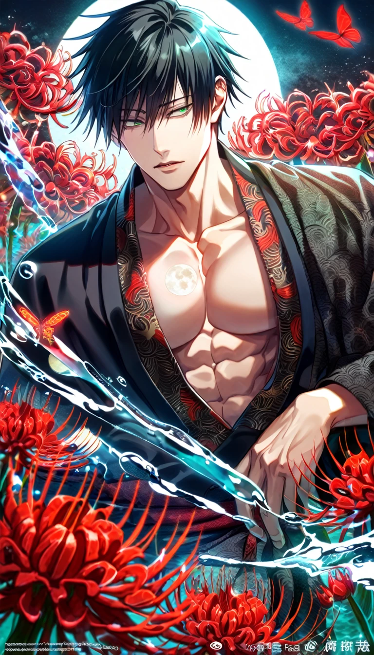 (absurdres, highres, ultra detailed, HDR) master piece, best quality, delicate features, Fushiguro Touji, straight black hair, expressive green eyes, Jujutsu Kaisen, solo, sexy man, handsome, showing the chest, black kimono with accessories, patterns, red spider lilies, red butterflies, magical moon, magical fantasy, water