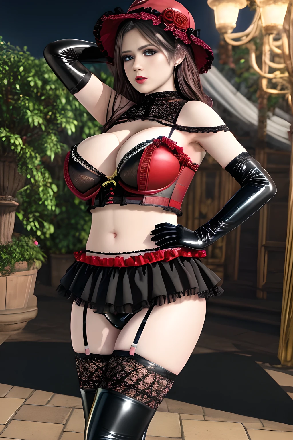 1 girl,BREAK (Royal:1.4), (red and black theme:1.5), ((red) bucket hat with rose corsage:1.4), (fusion of black high neck crop top and latex (red bustier):1.4), ((floral lace, see-through):1.3), ((sleeveless, bare shoulders):1.3), (red tiered skirt with black ruffles:1.4), ((ultra long gloves) with floral lace:1.3), (wrap a (cat garter) around thighs:1.4), outdoor,elegant,nighttime,moonlighe,shiny skin,( huge breasts), lip gloss,tattoos, masterpiece, best quality, realistic ,Surrealism,natural colors art in 8k,soft shadows,High-definition RAW color photos professional portrait photos,solo, elise,