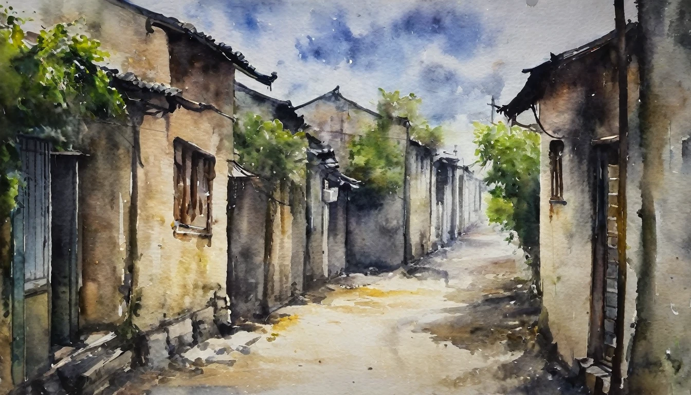 ((watercolor)), landscape, Blurred, Malaise, cloudy, China, Residential Street, village, danger, (Senior), (Intensive), alley, It was foggy, Lonely, shabby, dim, every day, Hidden Beauty, Shadow, old, Blurred, silence, decline, (Narrow Road), , Devastation, 街のShadow, melancholy, Lonely, Nostalgia, 
