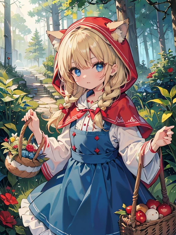 masterpiece, highest quality, Very detailed, 16k, Ultra-high resolution, 6  girl, (little red riding hood:1.3), Detailed face, Surprised face, blue eyes, Blonde, Braid, Red dress, White apron, (Red hood on head:1.2), basket, basketの中には果物, in the forest, I was surprised to encounter a wolf