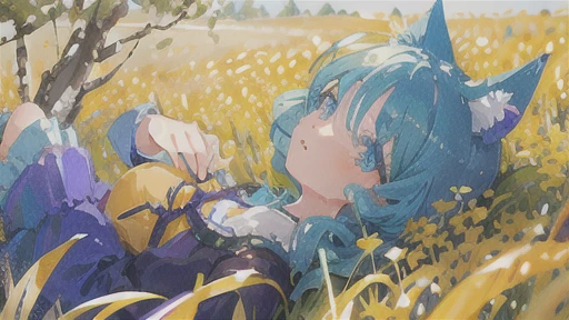 Lush, Colorful flower field atmosphere, warm, Tone Color Film, One Girl, Road leading to the forest, Illustration of a picture book in the style of Beatrix Potter, Soft colors and details.((Perfect Anatomy)), , (Highly detailed fingers), The best move, Perfect Face, Beautiful Face, Beautiful Eyes, Perfect Eyes, (Perfect Fingers), Correct Anatomy, Cat ear, bright colors, vibrant colors, wide shot, lo-fi, FHD