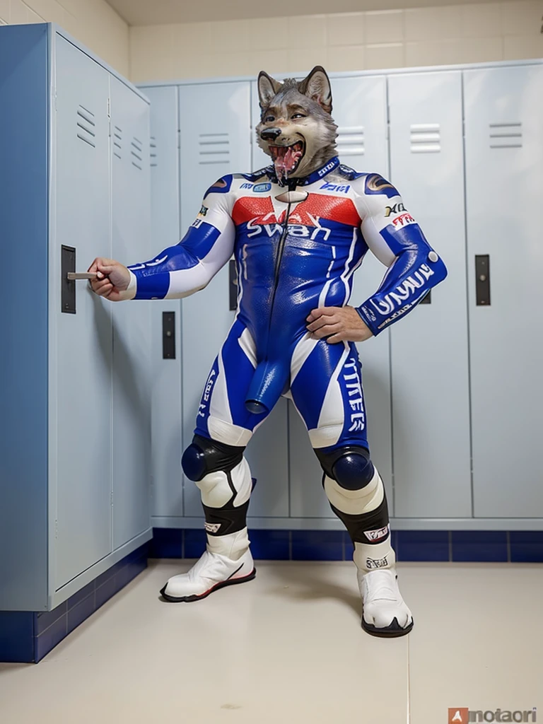 Wolfs wearing a motogp racing 1-piece suit, racing guard suit, standing fuck in locker room, real dick shaft erects, moaning face, drooling face, cumshot 