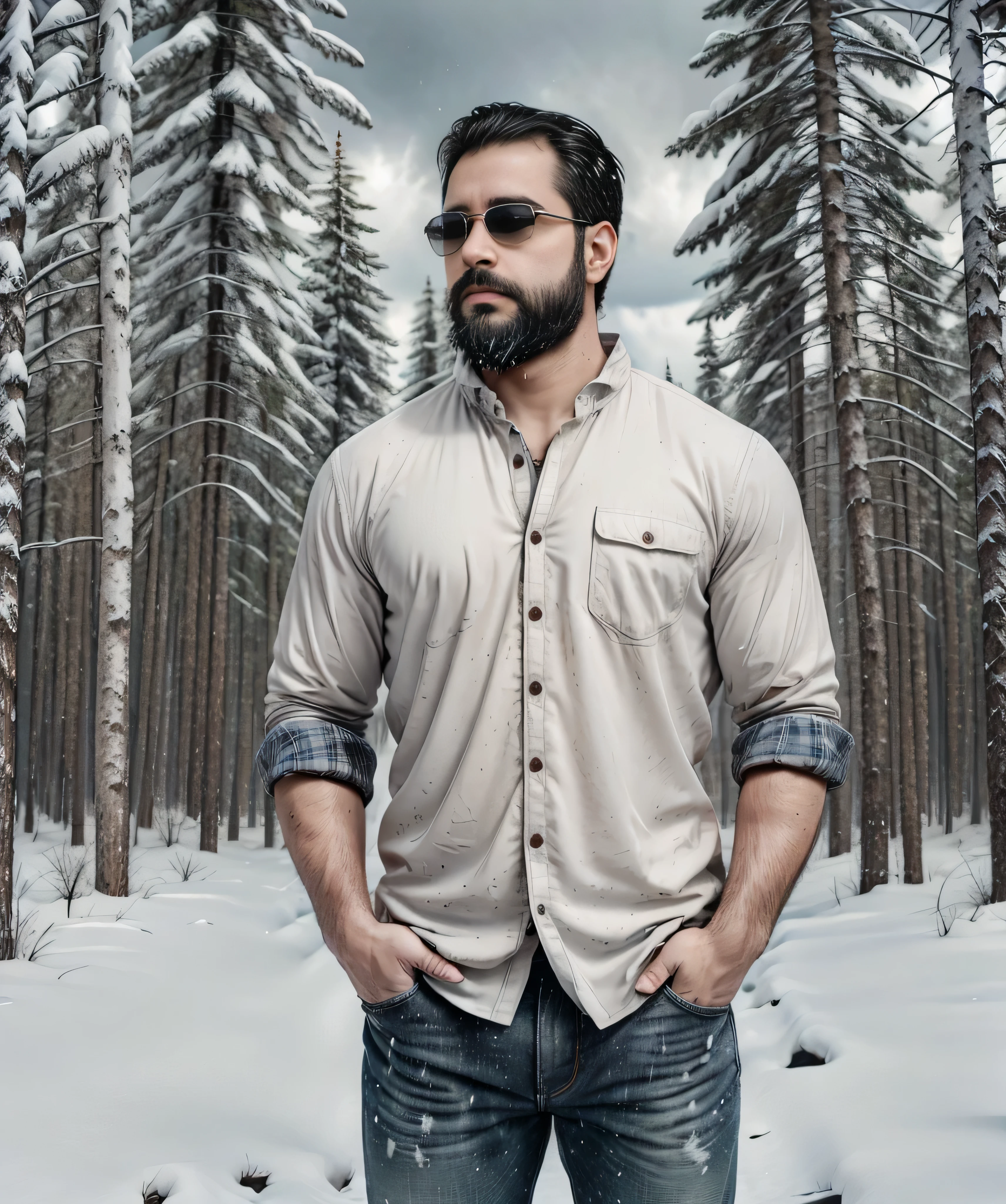 A confident man with a thick beard and aviator sunglasses stands in a snowy forest. He is wearing a stylish plaid flannel shirt over a white t-shirt and dark jeans. The background showcases tall, snow-covered pine trees and a moody, cloudy sky, creating an atmosphere of wilderness and solitude. The man's hands are in his pockets, and he exudes a calm and composed demeanor.