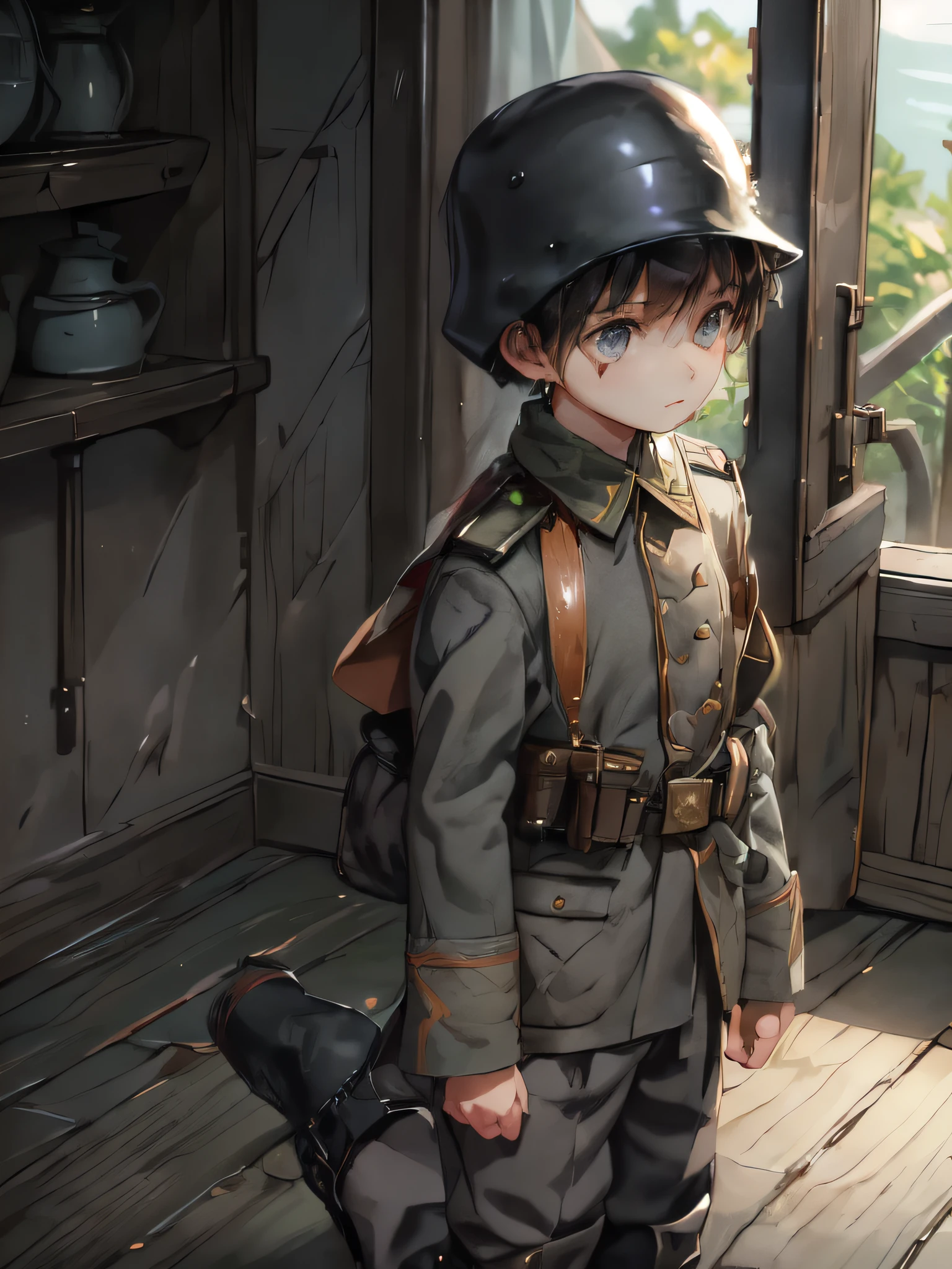 (masterpiece:1.2)SFW, shotacon art, anime art, 1boy, adorable, cute, shy expression, short messy hair, sparkling amber eyes, ((wearing gray SS military uniform)), ((black patches on uniform)), ((gray SS military pants)), ((wearing long leather boots)), windy day, classroom, bright colors, soft lighting, warmth of spring, pastel tones, playful atmosphere, vibrant background, peaceful mood, delicate lines, nostalgic feel, subtle shading, exquisite craftsmanship, impressive attention to detail, meticulous workmanship, pure joy captured, artistic beauty, expressive characters, lively energy, perfect anatomy, incredibly detailed face, beautiful eyes
