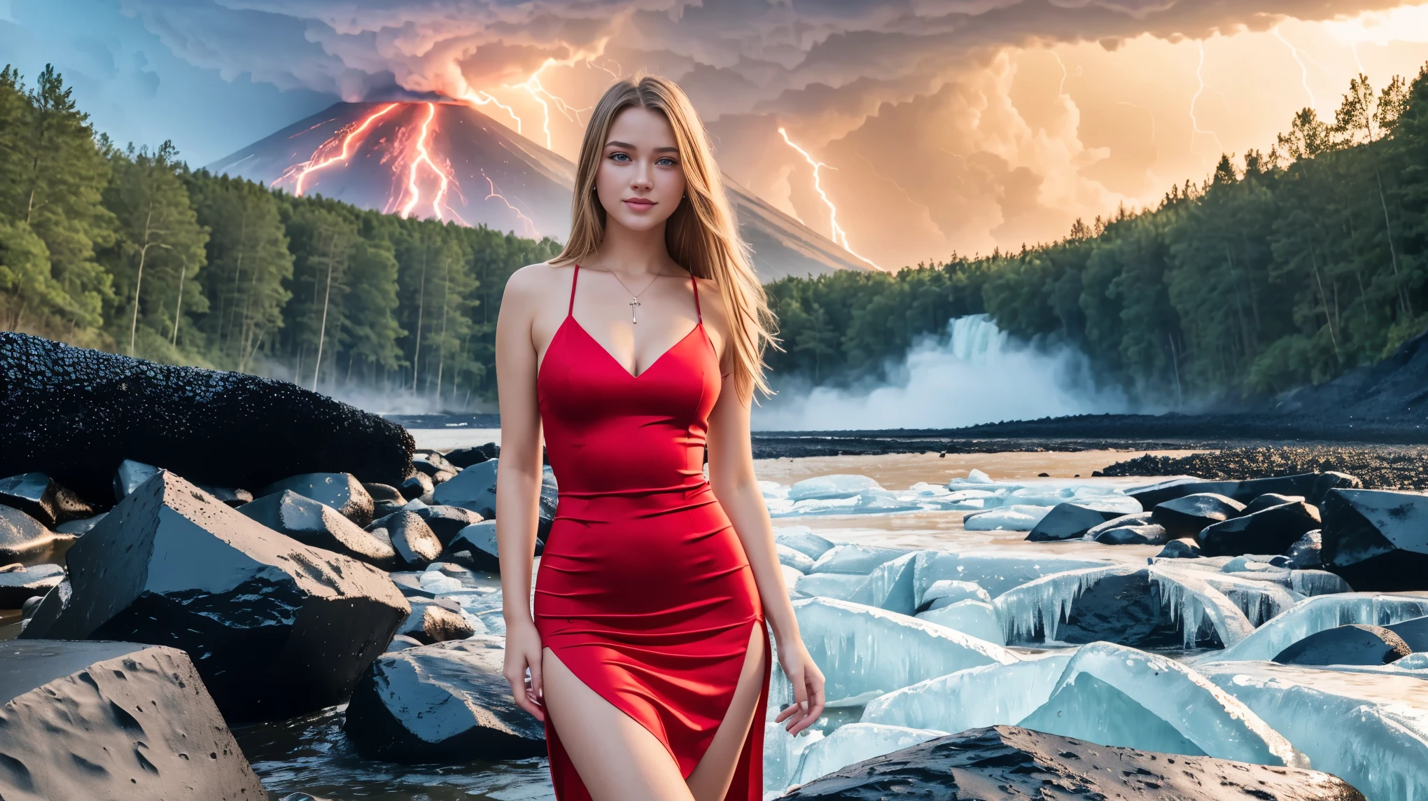Ray tracing, 8k resolution, masterpiece, photo realistic, realism, forest, ICE, lava, volcano, beach, sunset, waves, lightning, thunderstorm, realistic lightning
Standing in the waterfalls
Focus on upper body, pretty European blonde, looking at camera, big eyes, full lips, eyeliner wings, lip stick eyeshadow, ear ring hoops, choker, begging look, perfect skin, flat stomach, (red dress:1.3), (short dress, slit dress, tight dress:1.3), (deep neckline:1.3), no top, nude, loving embrace, passion, desire, looks at the camera
