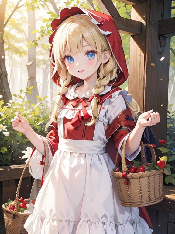 masterpiece, highest quality, Very detailed, 16k, Ultra-high resolution, 6 year old girl, (little red riding hood:1.3), Detailed face, Surprised face, blue eyes, Blonde, Braid, Red dress, White apron, (Red hood on head:1.2), basket, basketの中には果物, in the forest, Wolf, Wolfと遭遇してびっくりする