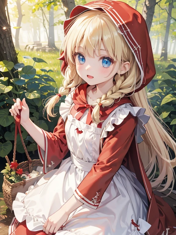 masterpiece, highest quality, Very detailed, 16k, Ultra-high resolution, 6 year old girl, (little red riding hood:1.3), Detailed face, Surprised face, blue eyes, Blonde, Braid, Red dress, White apron, (Red hood on head:1.2), basket, basketの中には果物, in the forest, Wolf, Wolfと遭遇してびっくりする