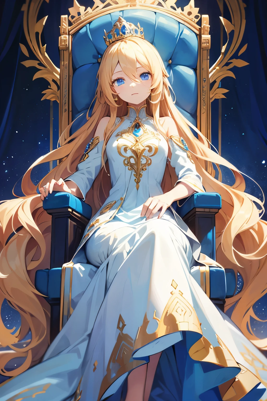 very long curly fluffy blonde hair, blue eyes, crown, sitting on a throne, white and blue dress with jewelry, goddess, bored, long dress
