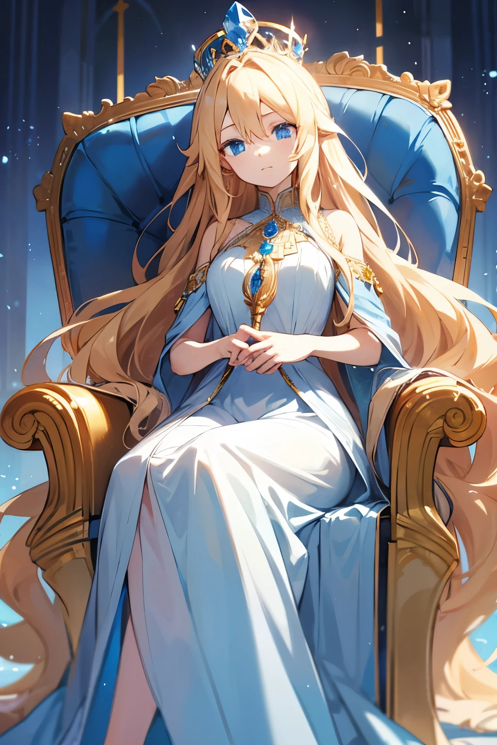 very long curly fluffy blonde hair, blue eyes, crown, sitting on a throne, white and blue dress with jewelry, goddess, bored, long dress
