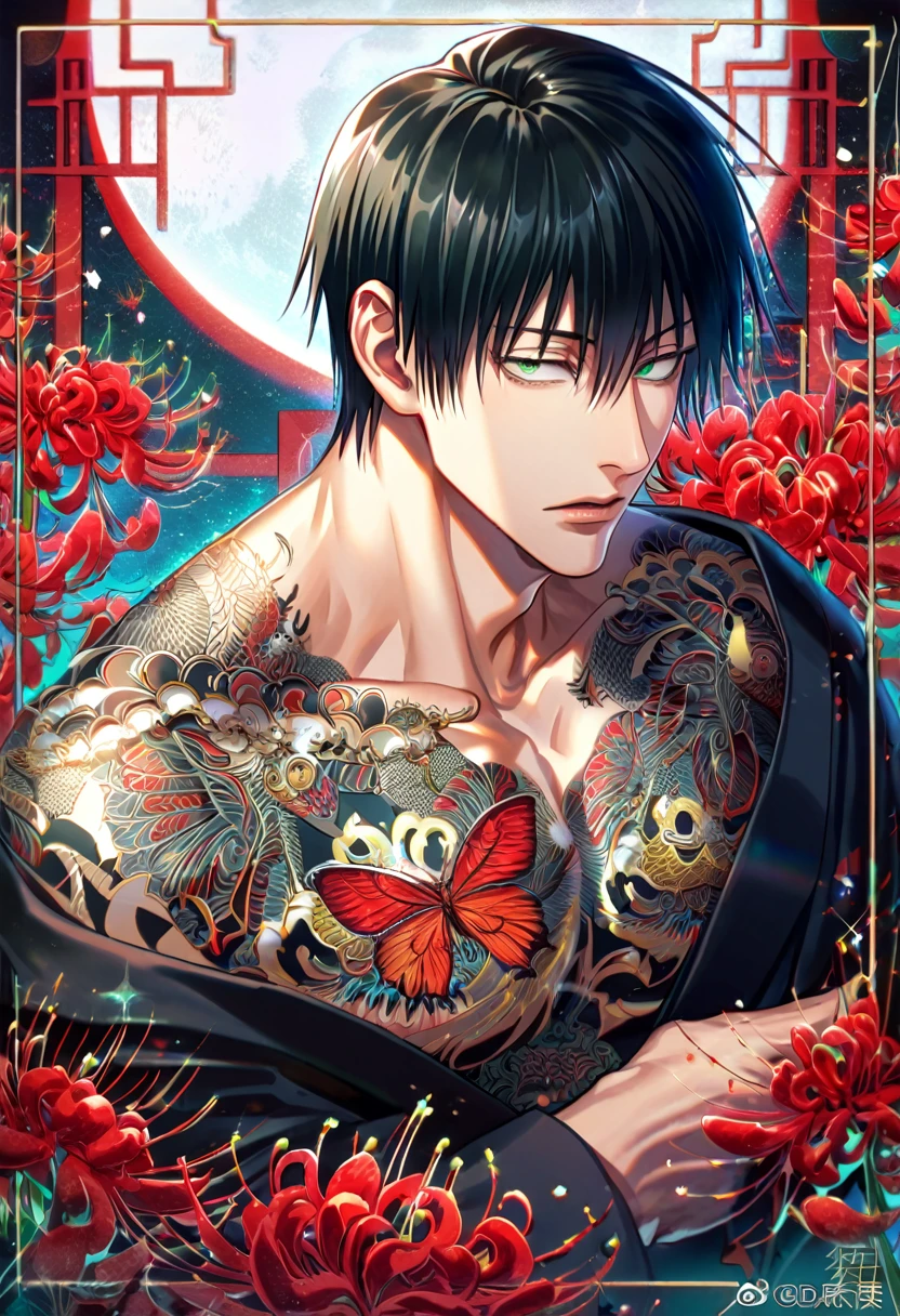 (absurdres, highres, ultra detailed, HDR) master piece, best quality, delicate features, Fushiguro Touji, straight black hair, expressive green eyes, Jujutsu Kaisen, solo, sexy man, handsome, showing the chest, black kimono with accessories, patterns, red spider lilies, red butterflies, magical moon, magical fantasy, water, glittering, sparkling