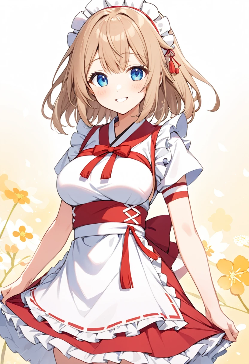 1girl,light brown color medium length hair,tareme,(blue eyes)+,kind smile,medium breasts,fusion of miko clothes and maid costume,