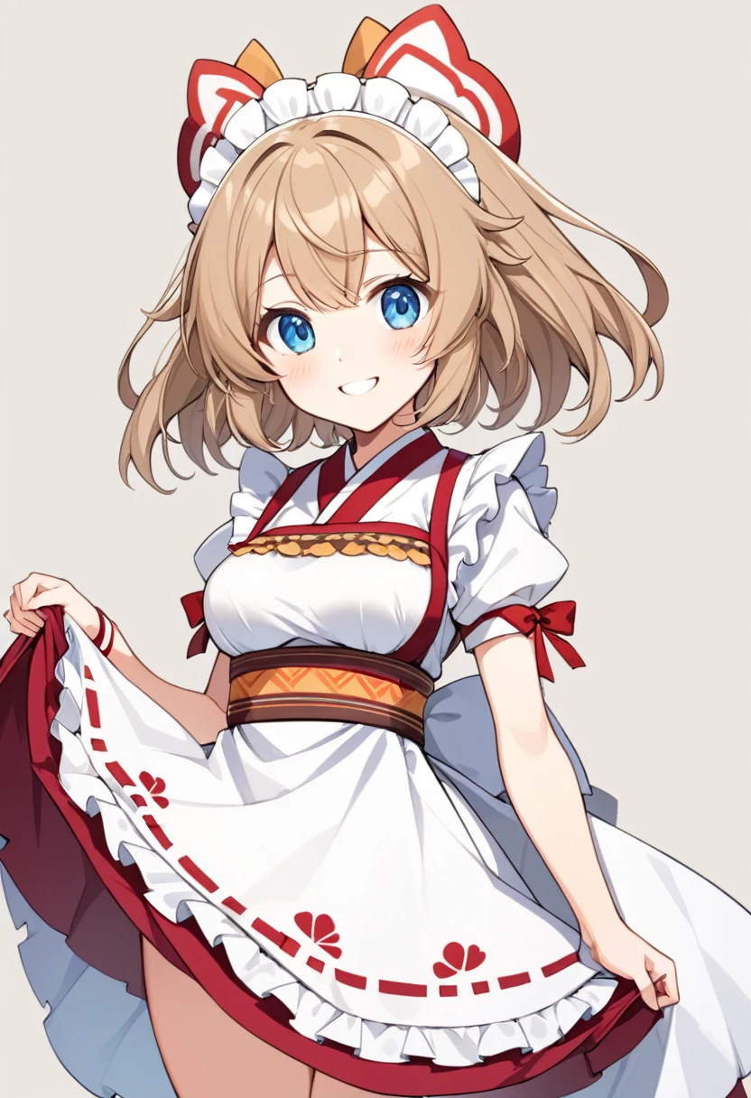 1girl,light brown color medium length hair,tareme,(blue eyes)+,kind smile,medium breasts,fusion of miko clothes and maid costume,