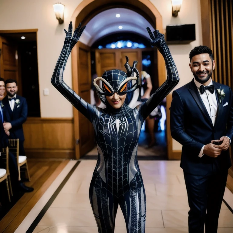 The bride is wearing a spider suit at the wedding.