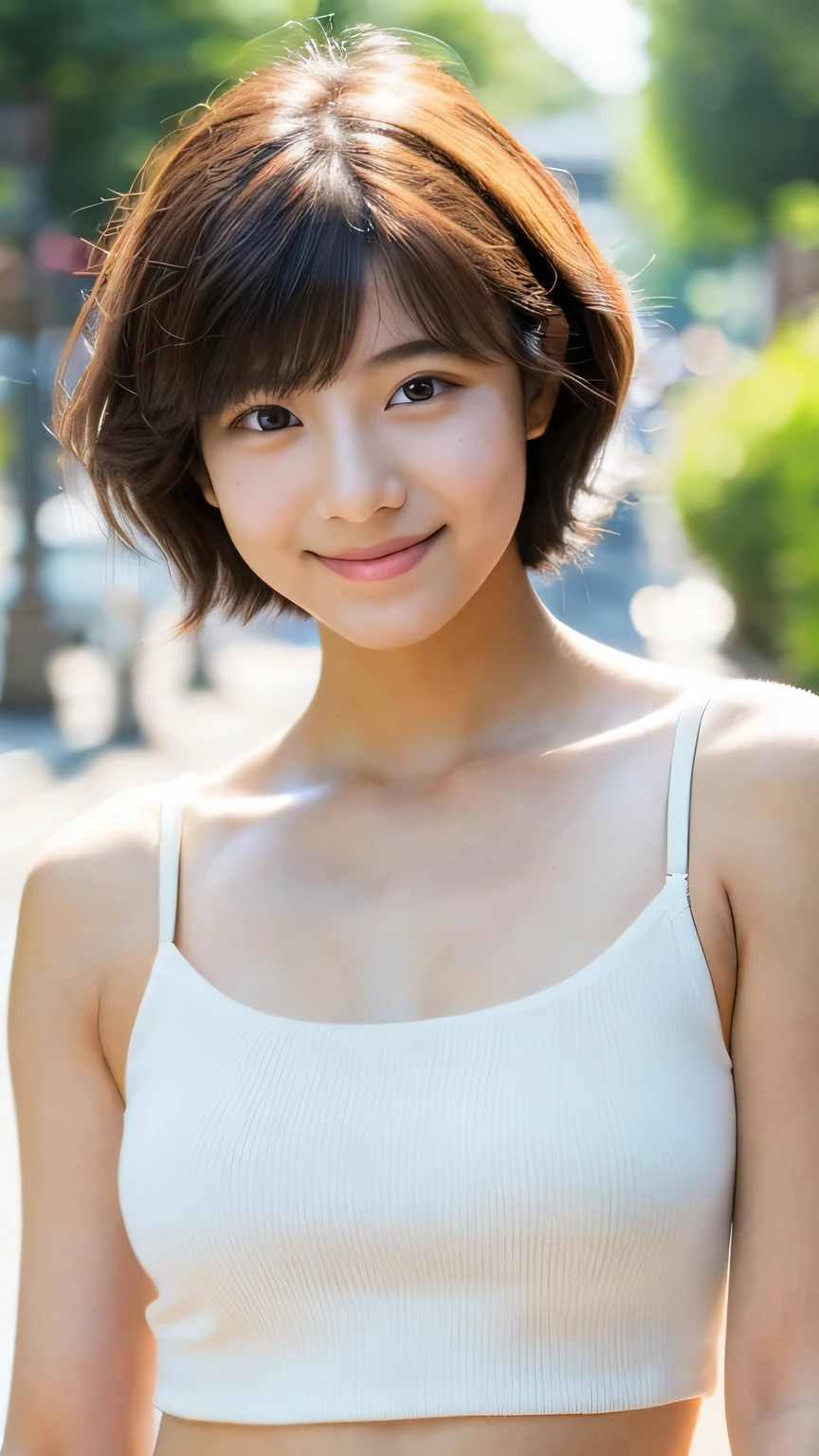 Female student very cute Natural atmosphere boyish 18-year-old Pixie Cut Dimples mole Tanuki face Tank top