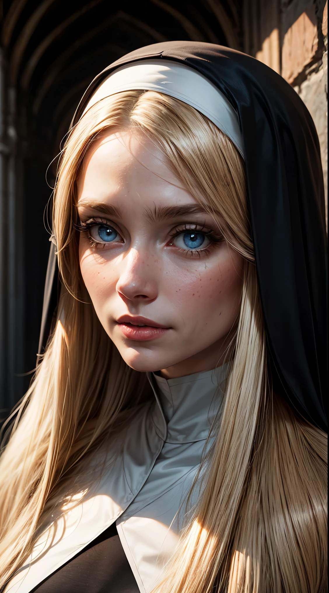 Pure blond straight hair, (long hair) (((straight hair))), Detailed hair, Blue Eyes, beautiful eyes, light on the face, pale skin, a 50 year old woman, nun,