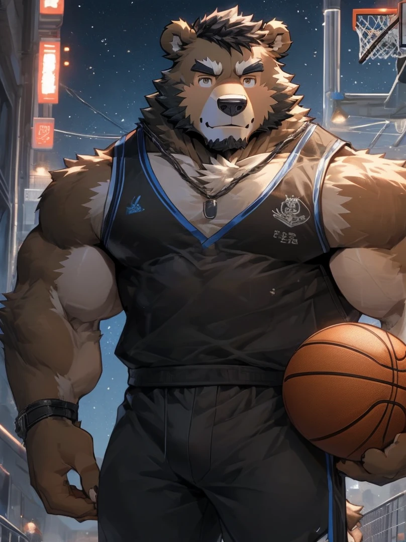 (Super detailed), Sharp focus,hairy, Black and white fur), black beard, Black Hair,human nature (Brown Bear:1.3), male, Middle-aged and elderly, Brown body, White belly, Muscular ,(Crotch bulge),Super detailed的脸,(Disheveled 1.4),(best quality), (masterpiece), High Detail, high quality,High resolution,16K,Mighty Posture,Overlooking,(Brown Bear:1.3),(Brown fur:1.3),(身穿basketball队服)，basketball