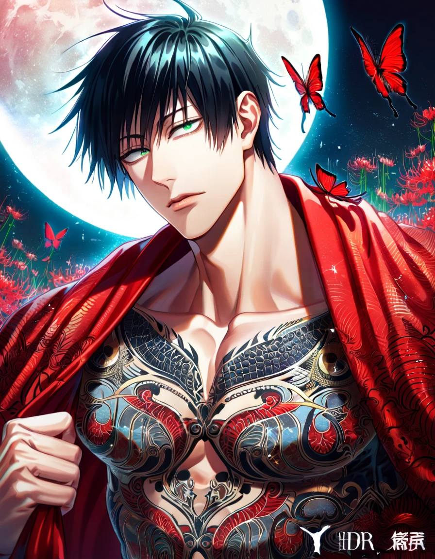 (absurdres, highres, ultra detailed, HDR) master piece, best quality, delicate features, Fushiguro Touji, straight black hair, expressive green eyes, Jujutsu Kaisen, solo, sexy man, handsome, showing the chest, black robes, red cape, patterns, red spider lilies, red butterflies, magical moon, magical fantasy, glittering