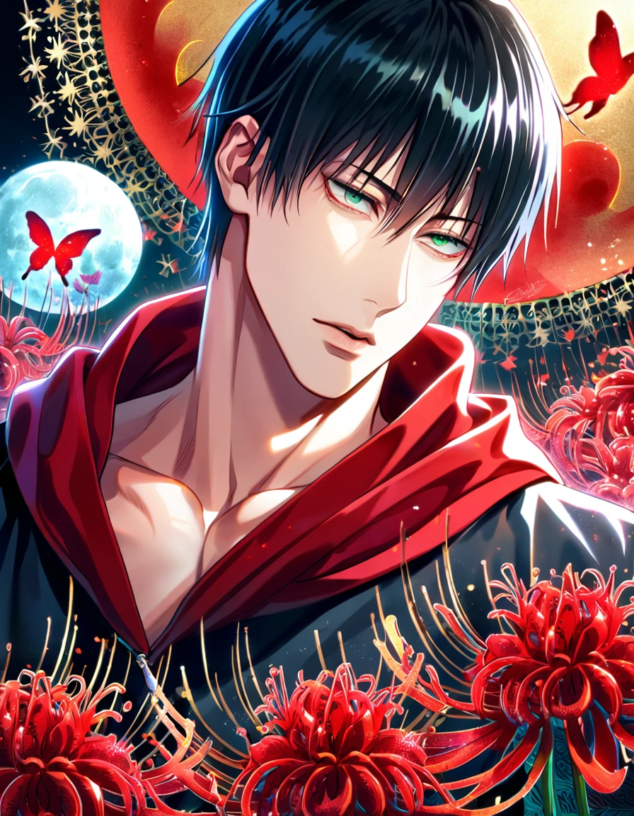 (absurdres, highres, ultra detailed, HDR) master piece, best quality, delicate features, Fushiguro Touji, straight black hair, expressive green eyes, Jujutsu Kaisen, solo, sexy man, handsome, showing the chest, black robes, red cape, patterns, red spider lilies, red butterflies, magical moon, magical fantasy, glittering