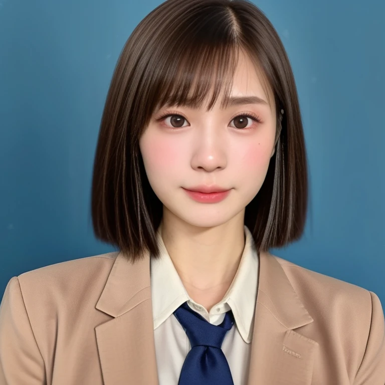 NSFW, (kawaii 24 year-old Japanese girl, Nogizaka idol, Korean idol), (glossy brown hair, very short hair, bangs:1.3), (beautiful black eyes, rounded face, narrow shoulders, single eyelid, no makeup, no expression:1.3), (wearing suit jacket, collared shirt, necktie:1.3), (extra small breasts:0.9), BREAK, (simple blue background:1.3), (view from forward, bust shot, wide shot, id photo:1.3), BREAK, (masterpiece, best quality, photo realistic, official art:1.4), (UHD, 8K quality wallpaper, high resolution, raw photo, golden ratio:1.3), (shiny skin), professional lighting, physically based rendering, award winning, (highly detailed skin, extremely detailed face and eyes), Carl Zeiss 85 mm F/1.4, depth of field, (1girl, solo),