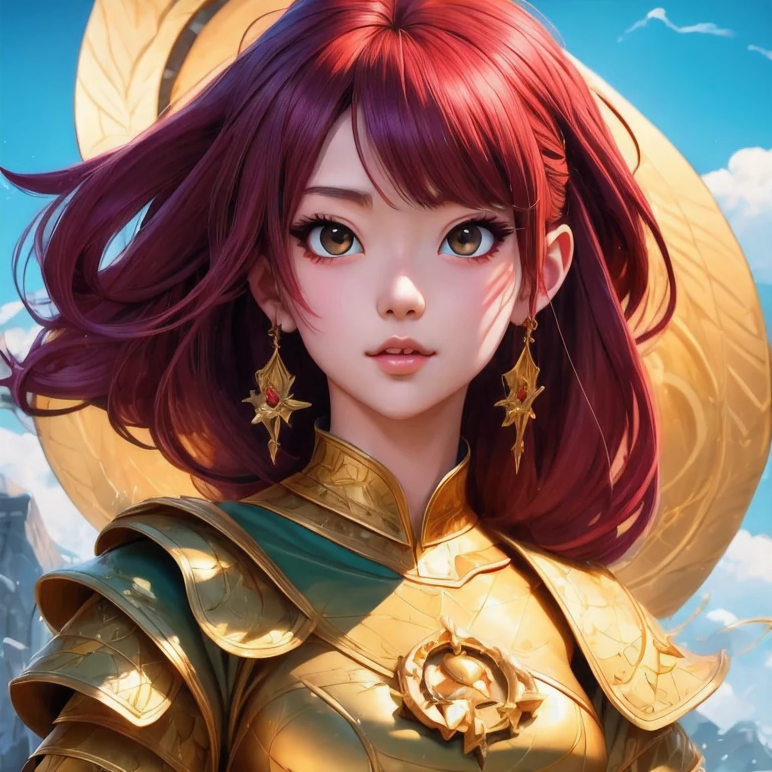 araffe school student in a red and gold outfit posing for a picture, portrait knights of zodiac girl, anime girl cosplay, masayoshi suto and artgerm, cosplay photo, portrait of a female anime hero, senna from league of legends, anime cosplay, wojtek fus, cosplayer, ig model | artgerm, ayaka cosplay，（（（watercolor）））（one school student）