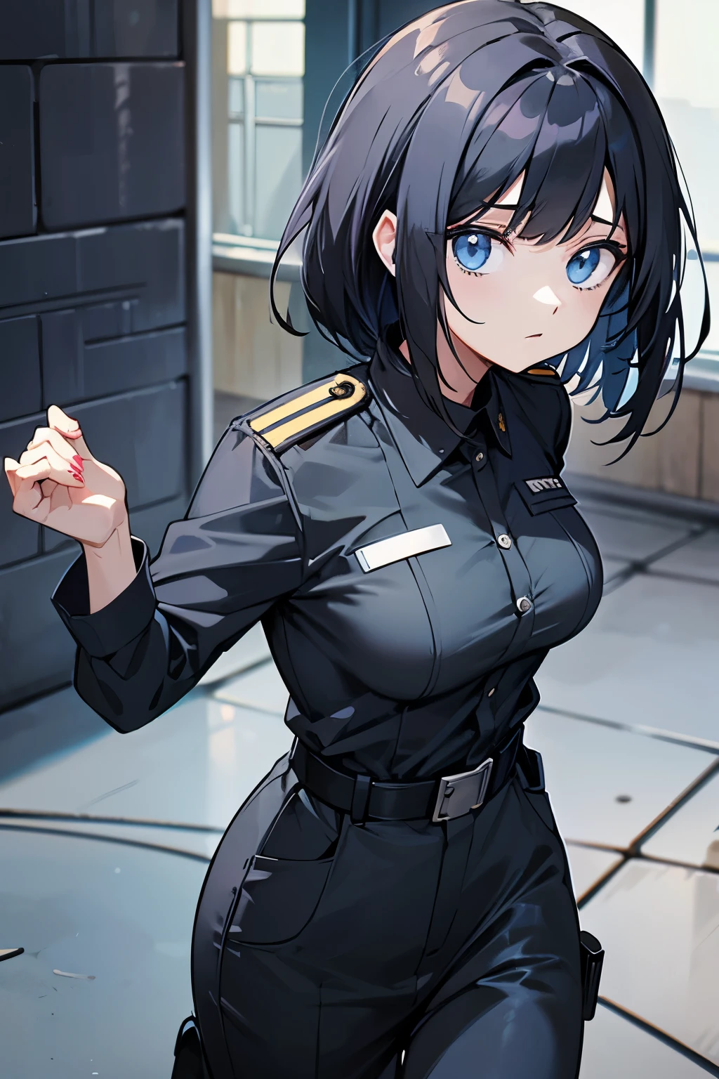 anime woman, prison guard outfit, black hair, strict.