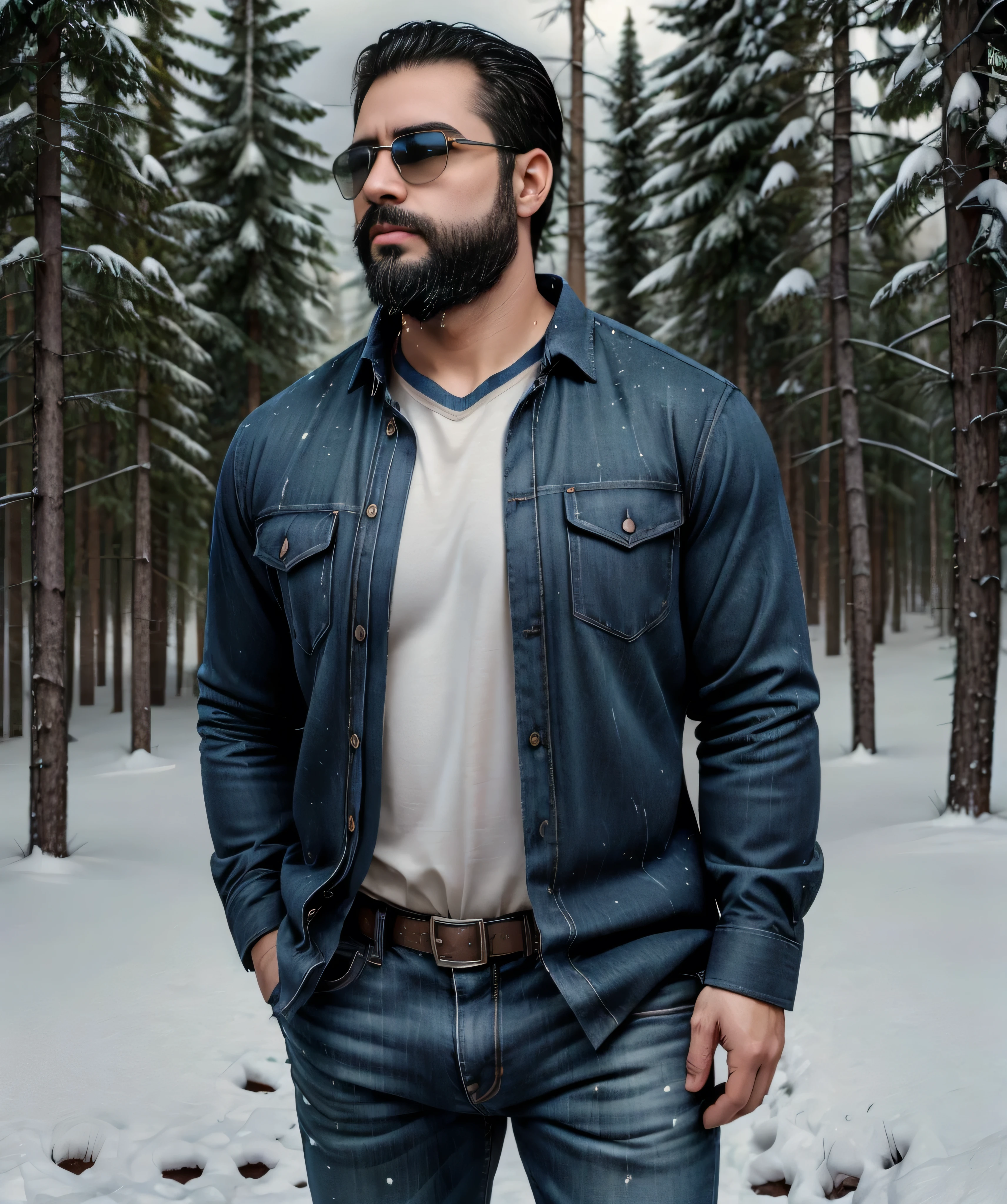 A confident man with a thick beard and aviator sunglasses stands in a snowy forest. He is wearing a stylish plaid flannel shirt over a white t-shirt and dark jeans. The background showcases tall, snow-covered pine trees and a moody, cloudy sky, creating an atmosphere of wilderness and solitude. The man's hands are in his pockets, and he exudes a calm and composed demeanor.