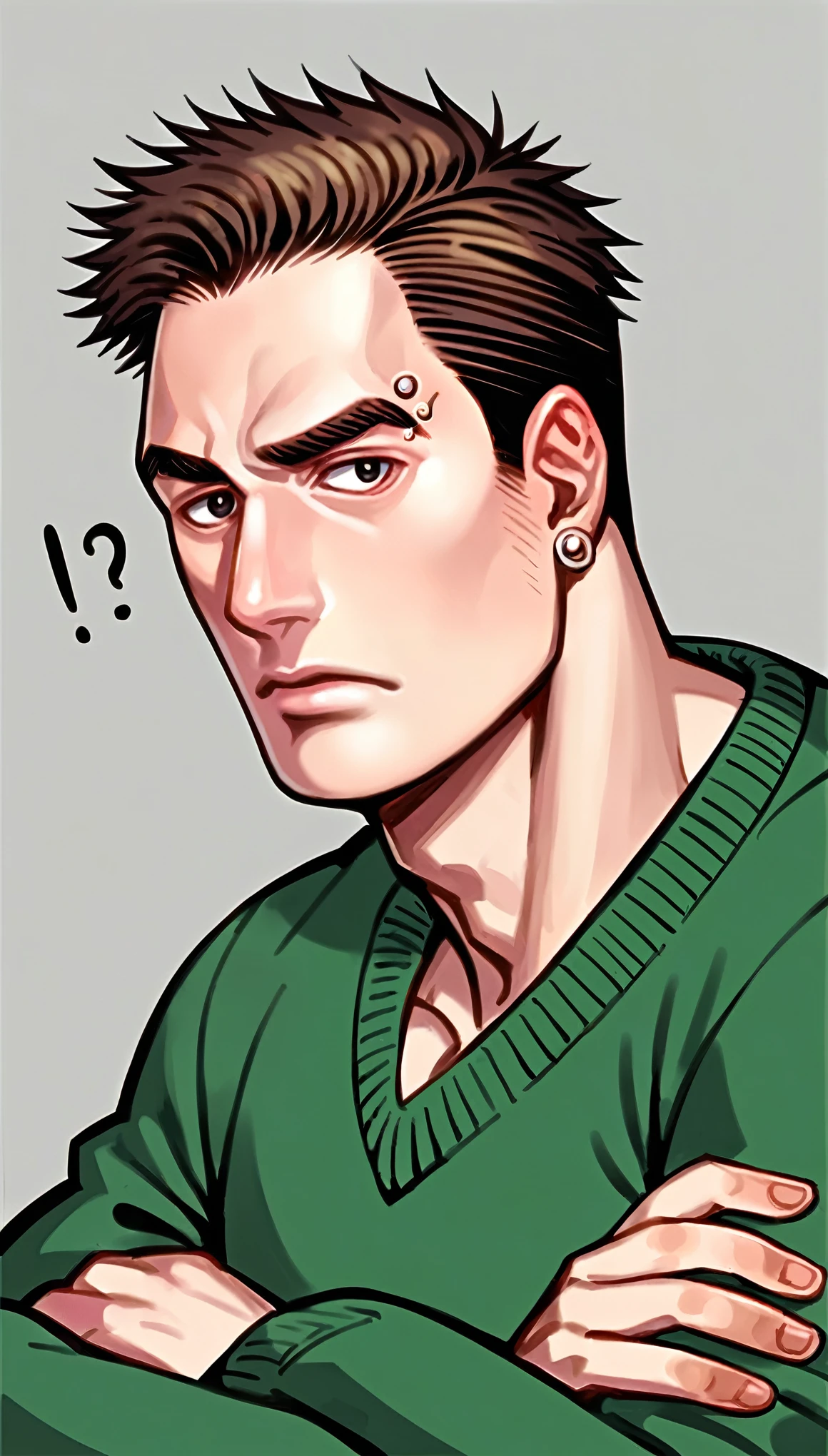 punctuation_9, punctuation_8_acima, punctuation_7_acima, punctuation_6_acima, punctuation_5_acima, punctuation_4_acima, Assessment_seguro, 1 garoto, Sozinho, pale skin, realistic stylized features, hyper detailed face of a handsome man, 20 years, smooth skin, strong jaw, marked eyebrows, handsome man, pele clara, long detailed brown hair, crossed arms, brincos, cabelo longo, thin lips, upper body, Sweater, piercing, olhando para o lado, olhos azuis, piercing de orelha, giving a playful side glance, strong jaw, small mouth,