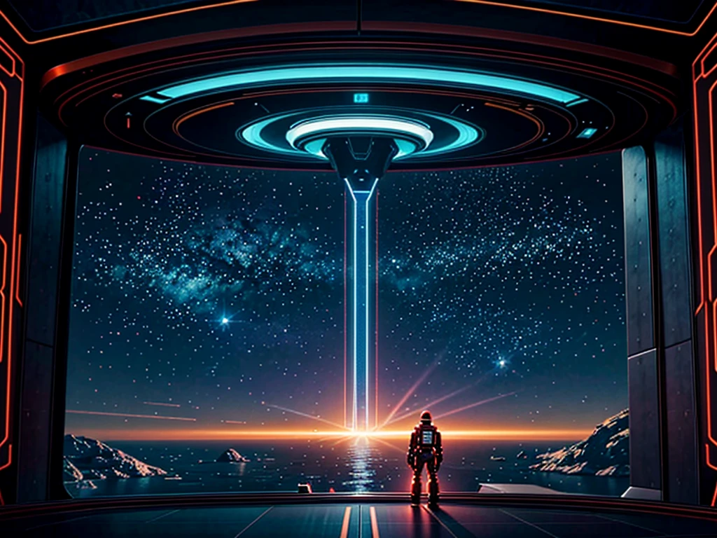 A breathtaking, hyperrealist masterpiece that seamlessly blends the artistic styles of H.G.Wells, Issac Asimov, and Steampunk. The focal point is an extraordinary, futuristic sci-fi portrait of an immense starship, with neon gold and ruby red as its primary colors, creating a striking contrast against the vastness of space.Starship UPA Vagark NDD 1825 out a of hard glass +dark gold+ aquamarine.The glass & metal ring is a 432' long and 24 in diameter.There is a saucer section that is 72' high by 288' long by 144'wide,&it goes beyond the ring by 60° to the front of the Starship.Put 2 nacels@ 75° above the back of the Starship.A striking digital illustration of the interior of a massive spaceship with a grey exterior, illuminated by blue neon light fixtures. Intricate levels and rooms are interconnected, with workers dressed in forest green body armor attending to their duties. The background features futuristic tech and industrial design elements, including towering skyscrapers and AI figures in awe. Through the dock window, another spaceship is visible, flying just outside. The birth of the world's first functional quantum computer is masterfully depicted as a glowing, intricate structure in the foreground. The starship's primary colors are neon gold and candy apple red, contrasting against the vastness of space and inspired by visionary styles of Jules Verne, Leonardo Da Vinci.A highly detailed, photorealist hyperdetailed, masterpiece, seamlessly blending the artistic styles of George Lucas, & Larry Niven.The primary colors of the immense starship are neon gold, sky blue and ruby red accents, creating a striking contrast against the vastness of space with lemon-colored crystalline nacelles, elegantly angled at 75 degrees, emit a mesmerizing neon sky blue light, adding to the ship's futuristic allure.