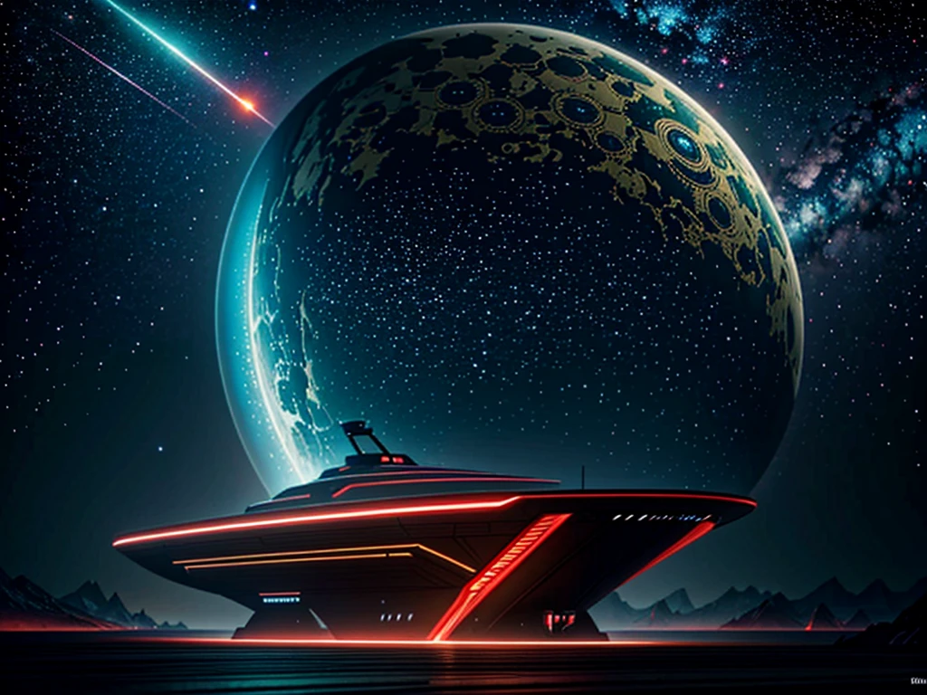 A breathtaking, hyperrealist masterpiece that seamlessly blends the artistic styles of H.G.Wells, Issac Asimov, and Steampunk. The focal point is an extraordinary, futuristic sci-fi portrait of an immense starship, with neon gold and ruby red as its primary colors, creating a striking contrast against the vastness of space.Starship UPA Vagark NDD 1825 out a of hard glass +dark gold+ aquamarine.The glass & metal ring is a 432' long and 24 in diameter.There is a saucer section that is 72' high by 288' long by 144'wide,&it goes beyond the ring by 60° to the front of the Starship.Put 2 nacels@ 75° above the back of the Starship.A striking digital illustration of the interior of a massive spaceship with a grey exterior, illuminated by blue neon light fixtures. Intricate levels and rooms are interconnected, with workers dressed in forest green body armor attending to their duties. The background features futuristic tech and industrial design elements, including towering skyscrapers and AI figures in awe. Through the dock window, another spaceship is visible, flying just outside. The birth of the world's first functional quantum computer is masterfully depicted as a glowing, intricate structure in the foreground. The starship's primary colors are neon gold and candy apple red, contrasting against the vastness of space and inspired by visionary styles of Jules Verne, Leonardo Da Vinci.A highly detailed, photorealist hyperdetailed, masterpiece, seamlessly blending the artistic styles of George Lucas, & Larry Niven.The primary colors of the immense starship are neon gold, sky blue and ruby red accents, creating a striking contrast against the vastness of space with lemon-colored crystalline nacelles, elegantly angled at 75 degrees, emit a mesmerizing neon sky blue light, adding to the ship's futuristic allure.
