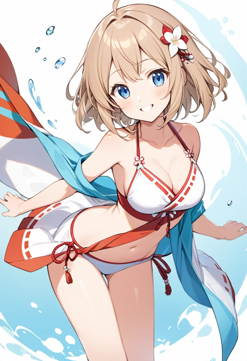 1girl,light brown color medium length hair,tareme,(blue eyes)+,kind smile,medium breasts,fusion of miko clothes and swimsuit