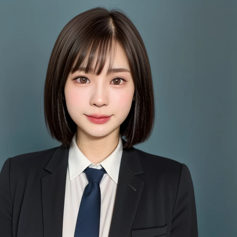 NSFW, (kawaii 24 year-old Japanese girl, Nogizaka idol, Korean idol), (glossy brown hair, very short hair, bangs:1.3), (beautiful black eyes, rounded face, narrow shoulders, single eyelid, no makeup, no expression:1.3), (wearing suit jacket, collared shirt, necktie:1.3), (extra small breasts:0.9), BREAK, (simple blue background:1.3), (view from forward, bust shot, wide shot, id photo:1.3), BREAK, (masterpiece, best quality, photo realistic, official art:1.4), (UHD, 8K quality wallpaper, high resolution, raw photo, golden ratio:1.3), (shiny skin), professional lighting, physically based rendering, award winning, (highly detailed skin, extremely detailed face and eyes), Carl Zeiss 85 mm F/1.4, depth of field, (1girl, solo),