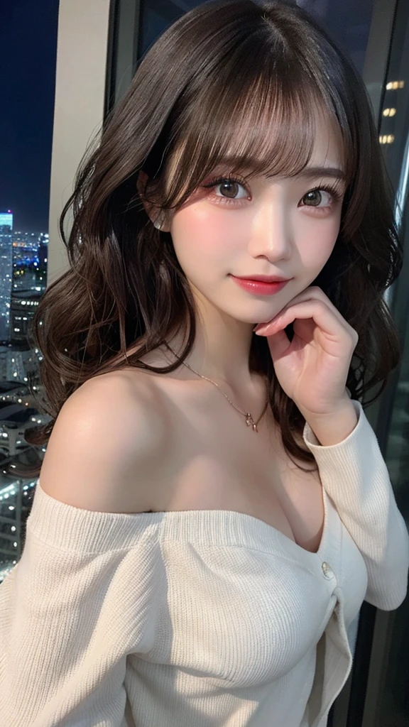 In detail, High resolution, high quality、Perfect dynamic composition, Beautiful fine details, Beauty、Natural color lip、The background is clear、Shooting up close、((((Wavy Hair、night、It's dark outside、40th floor、Off the shoulder))))、Face is close、20-year-old woman、1 person、Clear Skin、Shiny Hair、 最high quality, figure, Very detailed, In detail, High resolution, 8k、The correct state of the human body、Shiny wet hair、Perfect beautiful face、Big Breasts、G-cup bust、necklace、Smiling Kindly、Slender body、Protruding chest、Soft Bust、自然なBig Breasts、Big eyes、Big dark eyes、Clear eyes、Big Eyes、Large tear bags、Long eyelashes、looking at the camera、Thick eyebrowascara、eye shadow、Eyeliner、Areola