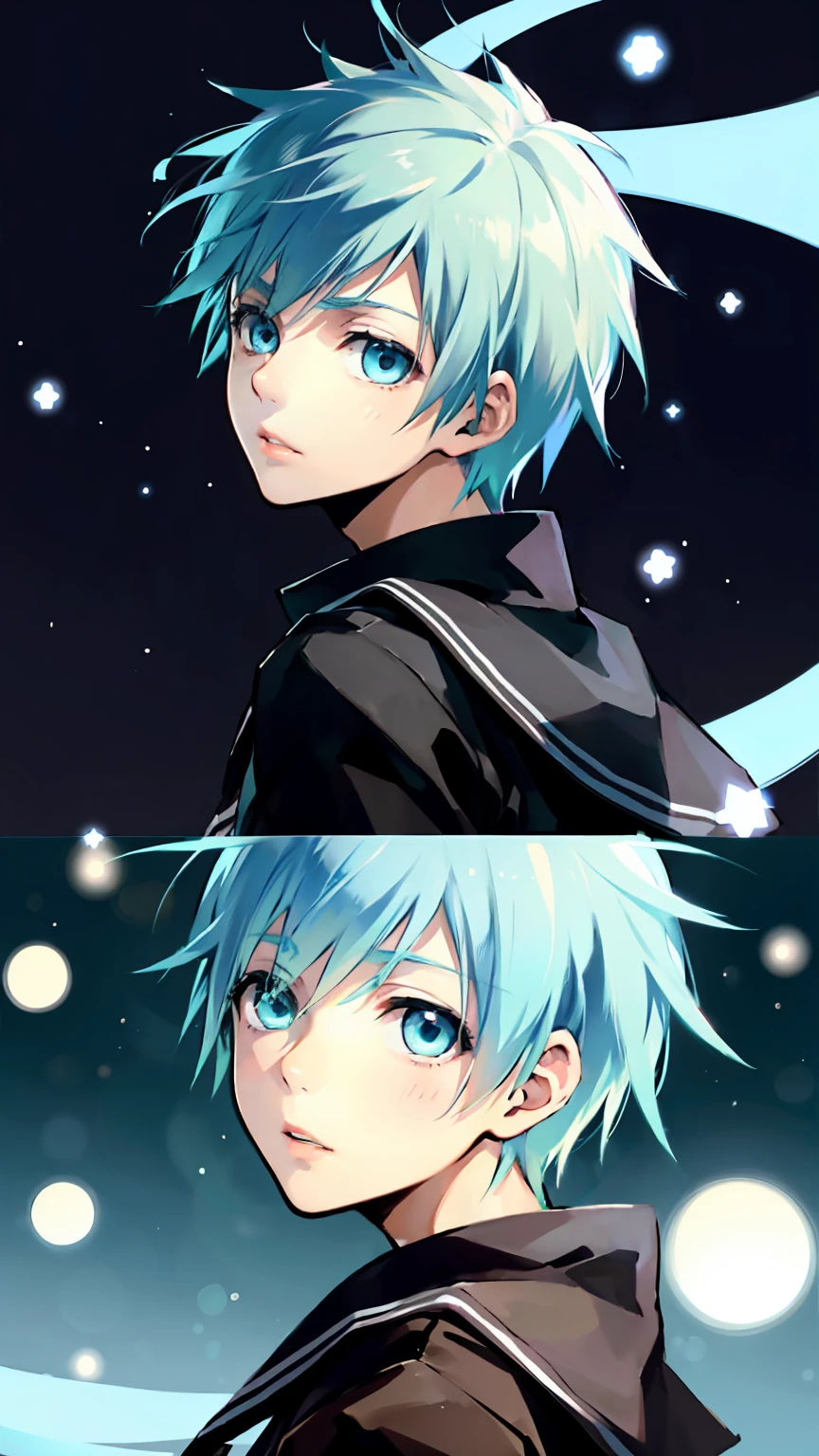 ((highest quality, super detailed,detailed eyes:1.3)),(((total 1 boy:1.2))),(cool face:1.3),light blue hair,short,hair,light blue eyes,kuroko tetsuya,BREAK(school uniform:1.2)BREAK(aqua blue aura background:1.1)BREAK,(from side,portrait,face focus:1.1),(boy on left:1.5),(looking at viewer:1.4)