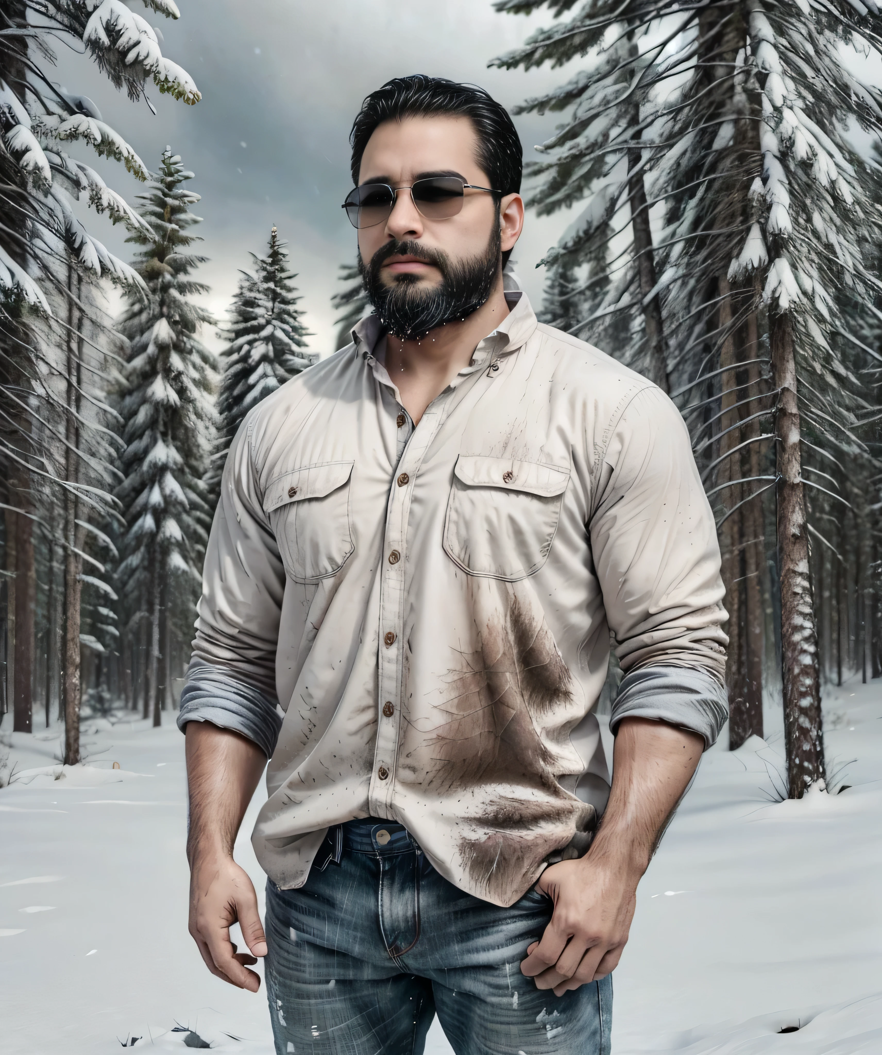 A confident man with a thick beard and aviator sunglasses stands in a snowy forest. He is wearing a stylish plaid flannel shirt over a white t-shirt and dark jeans. The background showcases tall, snow-covered pine trees and a moody, cloudy sky, creating an atmosphere of wilderness and solitude. The man's hands are in his pockets, and he exudes a calm and composed demeanor.