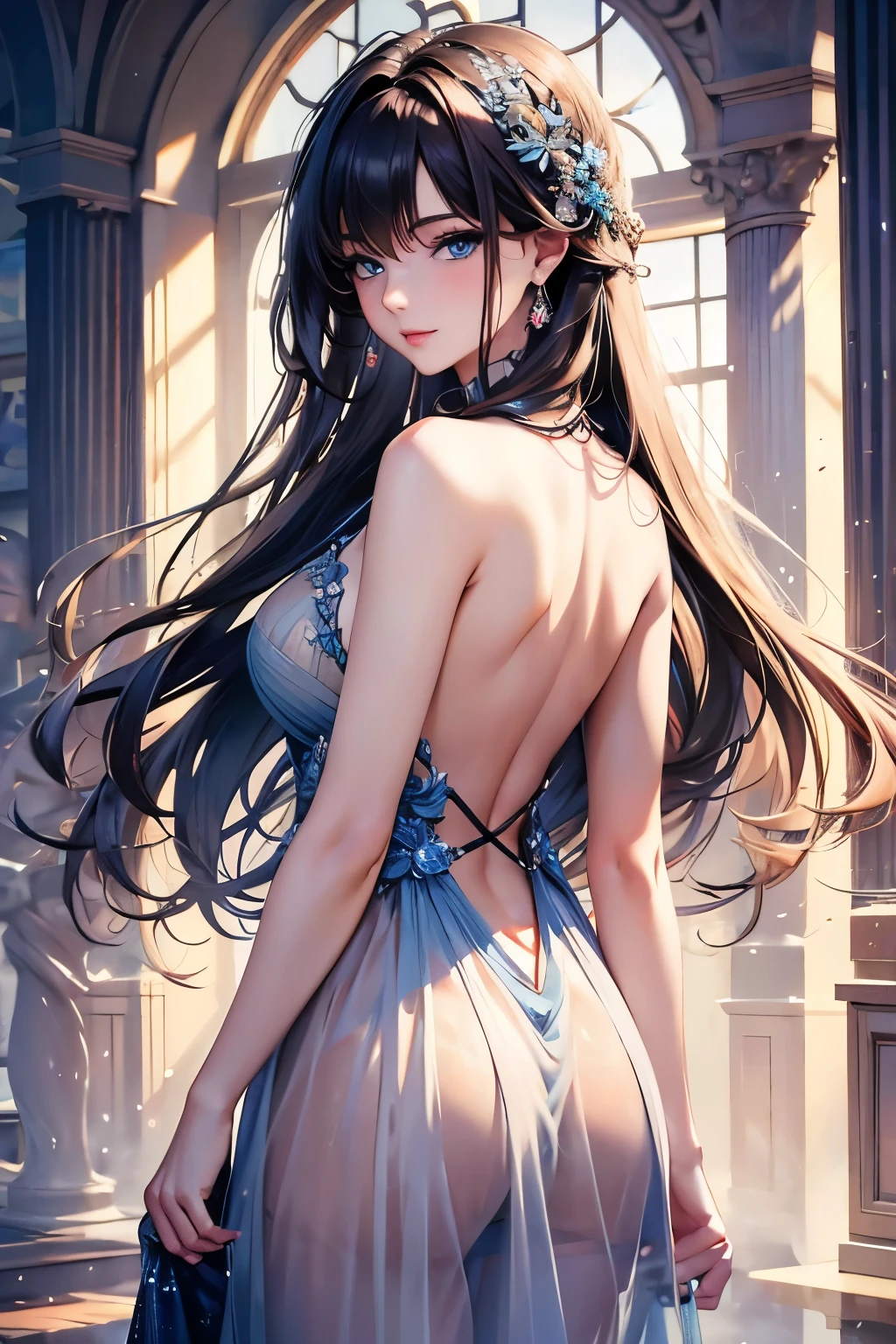 best quality, masterpiece, Ultra-high resolution, Reality, portrait, elegant adult woman, blue eyes, long hair, Side Bangs, Backless dress, See-through dress, 4K resolution, High quality CG, feminine pose, Fair, In-depth background,