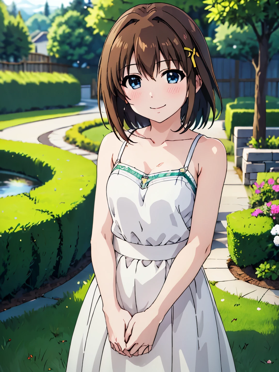 (highest quality, masterpiece:1.2),smile、(Anime illustration style:1.3),Hayate Yagami, yagami hayate,High resolution、garden、grassland、Standing on the grass、smile、alone、light Brown Hair、Mouth closed、Tabletop, (highest quality),1 girl , Brown Hair, garden,Private Server, Pink camisole,Long skirt、Arms back、Absolute reference to the center、Cowboy Shot、Highly detailed face, Perfect lighting, (Perfect hands, Thin fingers)、Front view、Highly detailed face, Perfect lighting, (Perfect hands, Thin fingers)