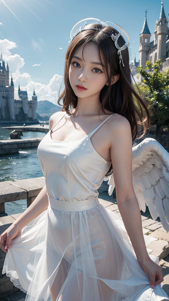 8k resolution,Angel,The halo on the head,float,Castle Background,White skin,,Asian,one person,,White tulle skirt