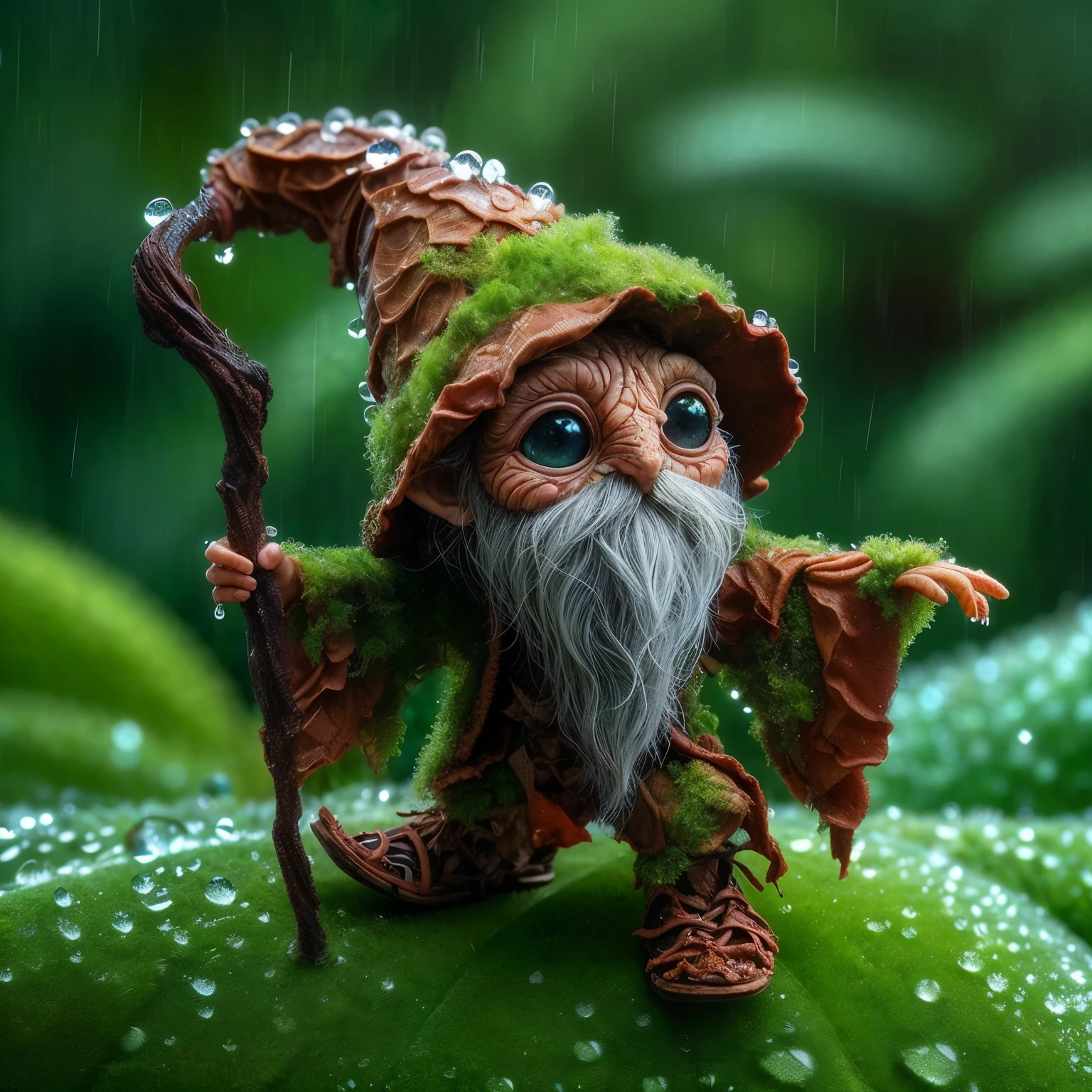 A cute tiny moss covered dewy male wizard dancing, wrinkled old looking skin, close up in a dewy rain forest, intricate wizarding costume cragged materials, In a tilt-shift, macro-photographed scene with a shallow depth of field, a tiny, iridescent mystic wizard, intricate gnarled leather wizarding boots, its body a mesmerizing mosaic of microscopic mirrors and gears, perches on the velvety, emerald-green edge of a dew-kissed leaf, surrounded by a constellation of glistening, crystal-like droplets that refract and reflect the soft, golden light filtering through the forest canopy above, amidst a tapestry of intricate, lace-like ferns and moss-covered twigs, with the blurred, bokeh-rich background a warm, earthy blend of umber, sienna, and olive hues.
