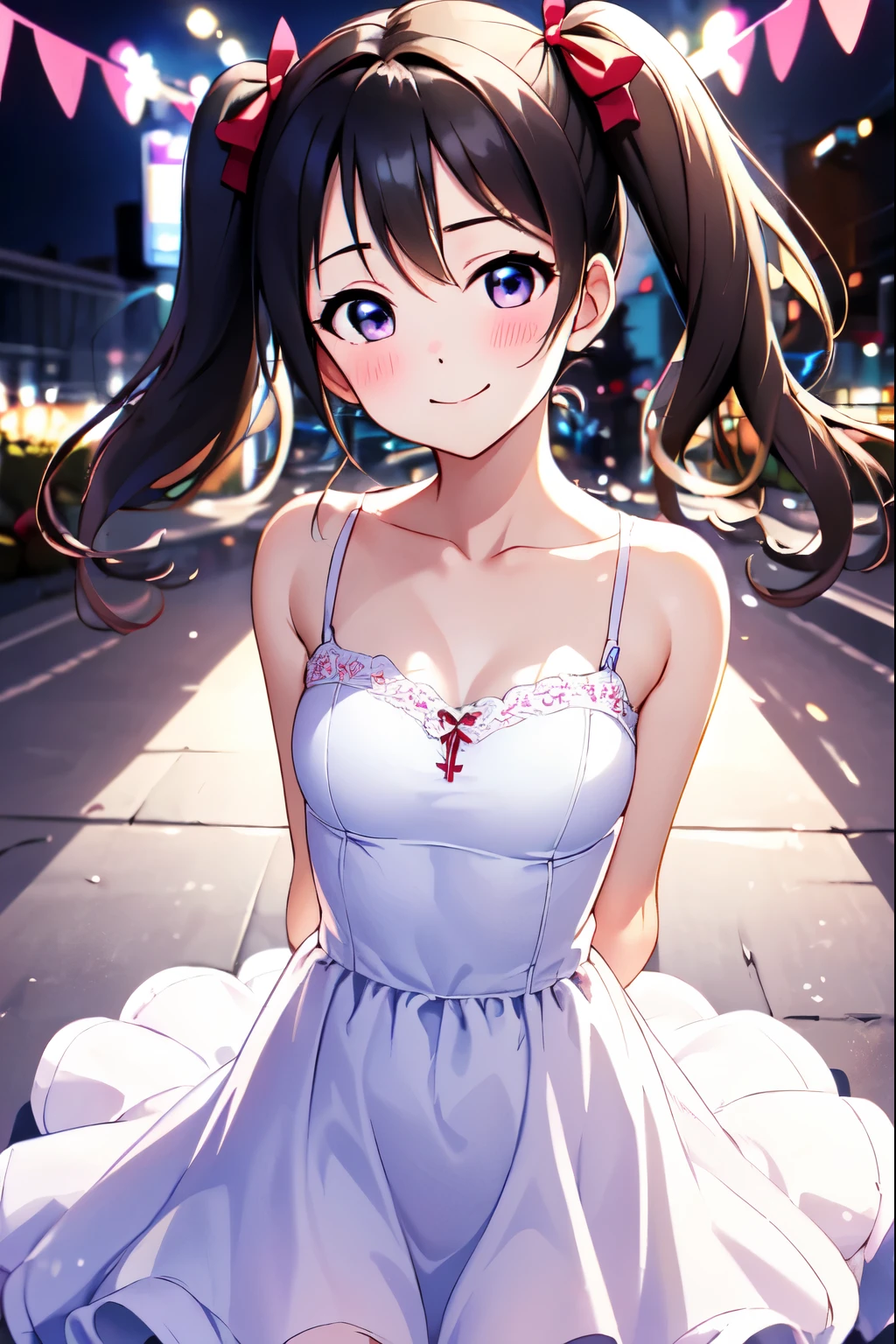 High resolution, highest quality、super high quality,3D Images、Niko_Yazawa、Closed Mouth、Red ribbon、Absolute reference to the center、Cute no matter who looks at it、Arms behind back,clavicle, white party dress、Twin tails、Absolute reference to center、whole body, alone,Cinematic lighting、smile、blush、Beautifully styled hair,Cowboy Shot、Thighs