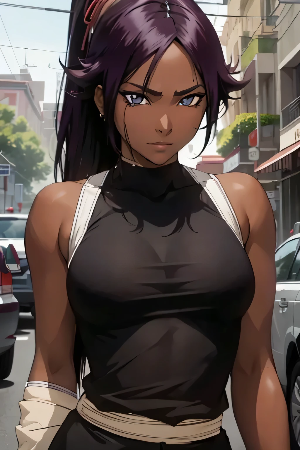 1 woman, yoruichi shihouin, dark skinned, long dark purple hair, ponytail, ((detailed eyes:1.2)), wearing tanktop, sexy, sensual, sleeveless, underboob, masterpiece, top quality, best quality, official art, beautiful and aesthetic:1.2), extreme detailed, colorful, highest detailed