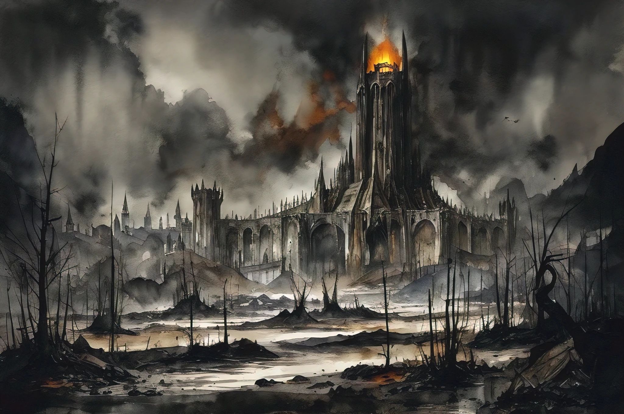 A captivating watercolor painting depicting the desolate landscape surrounding Mordor, as seen in J.R.R. Tolkien's 'The Lord of the Rings'. A bleak, moody color scheme dominates the scene, with shades of grey, brown, and muted green. The towering, menacing tower of Barad-dûr stands tall in the distance, emitting a sinister orange glow from the Eye of Sauron. The foreground features a barren wasteland, with twisted trees, rocks, and debris scattered about. The overall atmosphere evokes a sense of despair and foreboding.