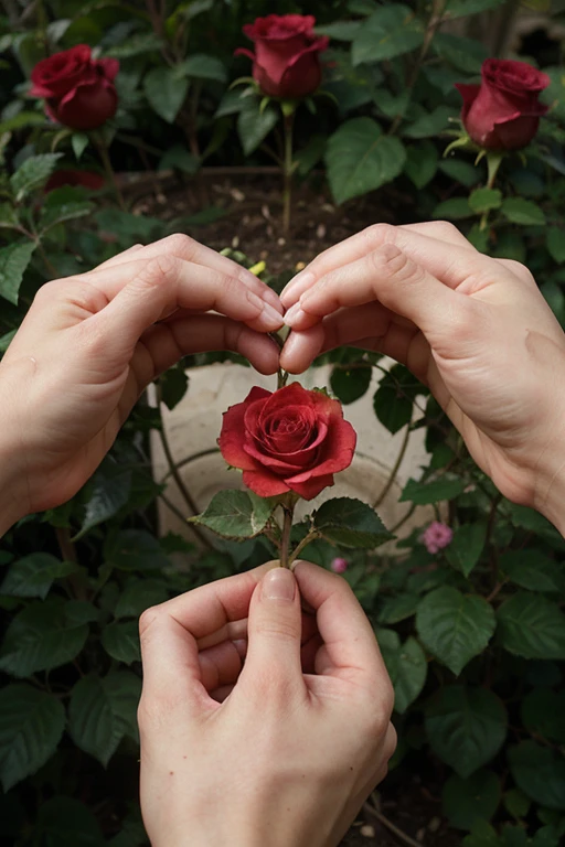 A human heart inside the petals of a rose in the middle of a garden 
