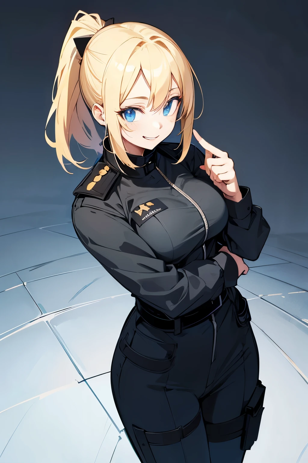 anime woman, prison guard black outfit, blonde ponytail, smile