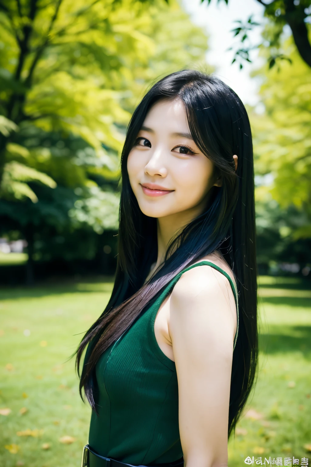 a woman with long hair wearing a black dress and a green belt, jaeyeon nam, portrait of female korean idol, lee ji - eun, lee ji-eun, Yoshitomo Nara, park ji-min, hwang se - on, sui ishida with black hair, lalisa manobal, chiho
