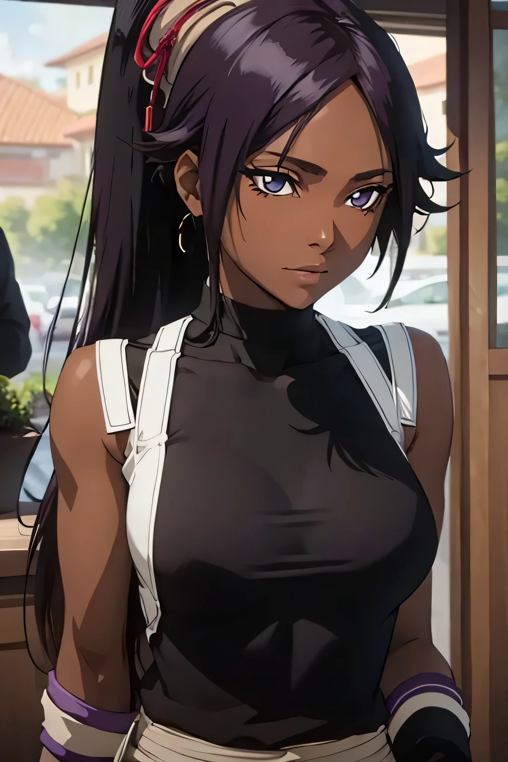 1 woman, yoruichi shihouin, dark skinned, long dark purple hair, ponytail, ((detailed eyes:1.2)), wearing tanktop, sexy, sensual, sleeveless, underboob, masterpiece, top quality, best quality, official art, beautiful and aesthetic:1.2), extreme detailed, colorful, highest detailed